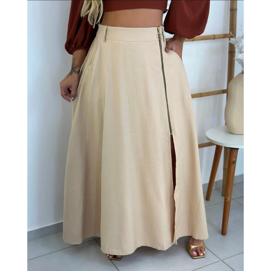 Saia Longa Feminina Alfaiataria Fenda Lateral e Zíper Cintura Alta Com Elástico Elegância Tendência 2026 em Oferta na Shopee