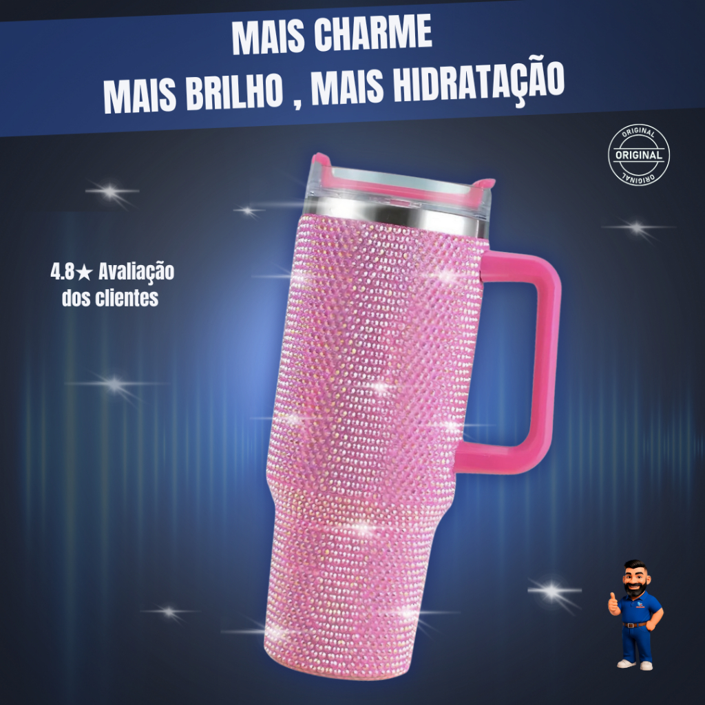 Copo Térmico 1200ml de Aço Inoxidável Strass Brilhante Com Tampa e Canudo