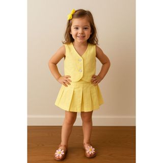 Conjunto Infantil menina 4 ao 10 alfaiataria/linho colete e shorts saia plissada– Look Menina Fashion Roupas Infantil em Oferta na Shopee