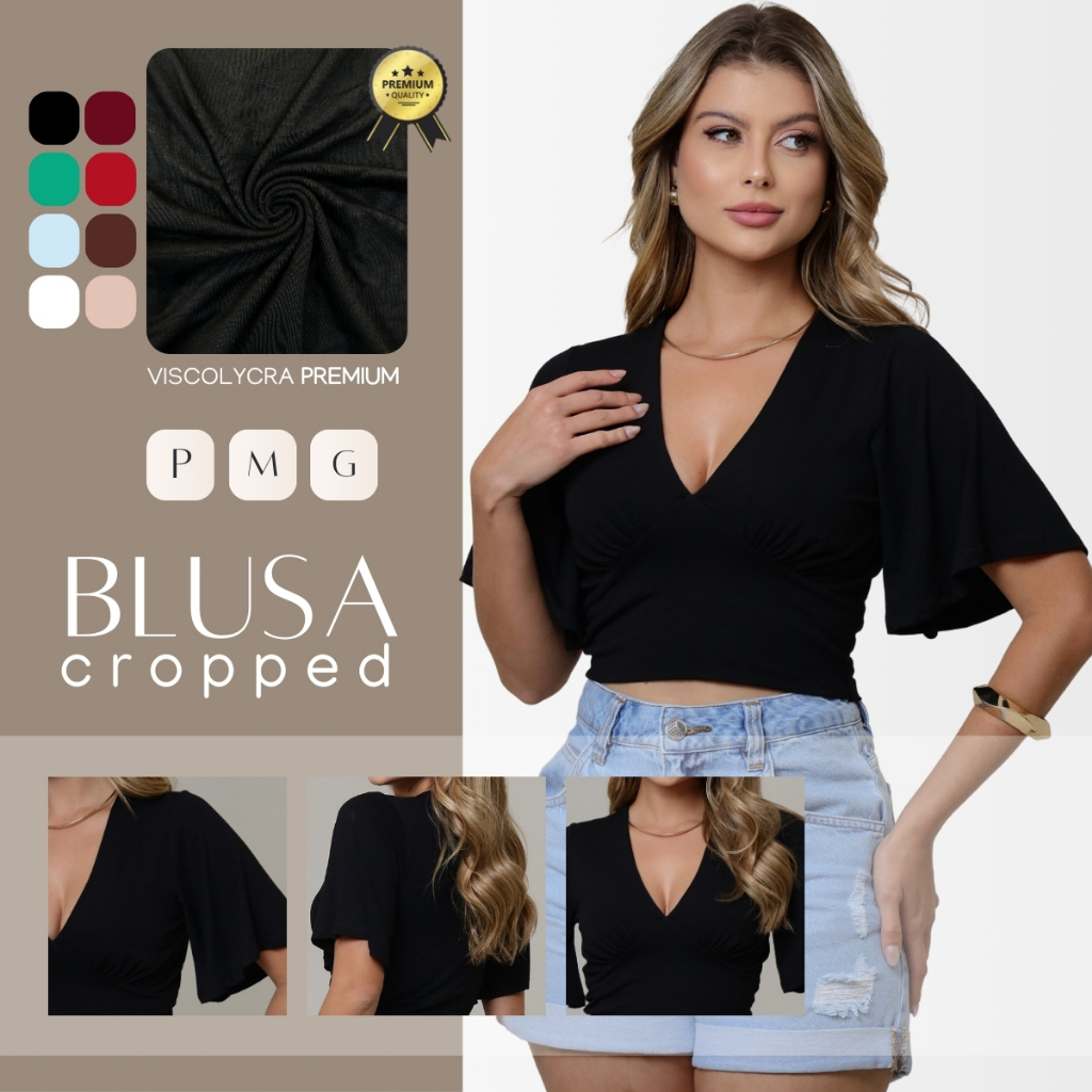 Blusa Cropped Feminina Decote V Manga Ampla Malha Premium P ao G em Oferta na Shopee