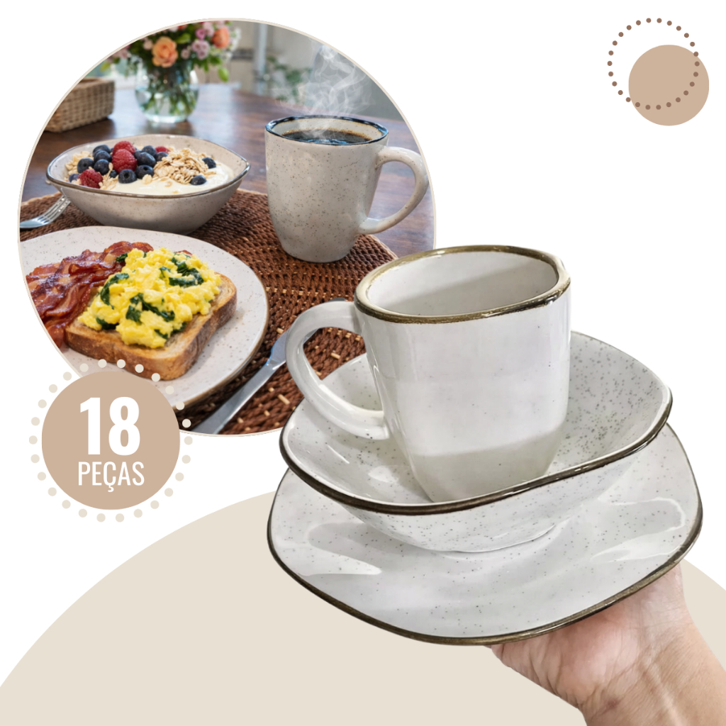 Jogo Lanche Café 18 Peças Ryo Maresia Prato Sobremesa Caneca Tigela Porcelana Oxford