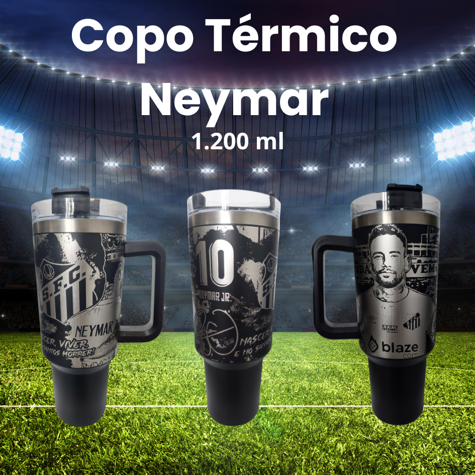Copo Térmico Grande 1.2 Litros Com Canudo - Santos Neymar Jr Personalizado 360 Graus Preto