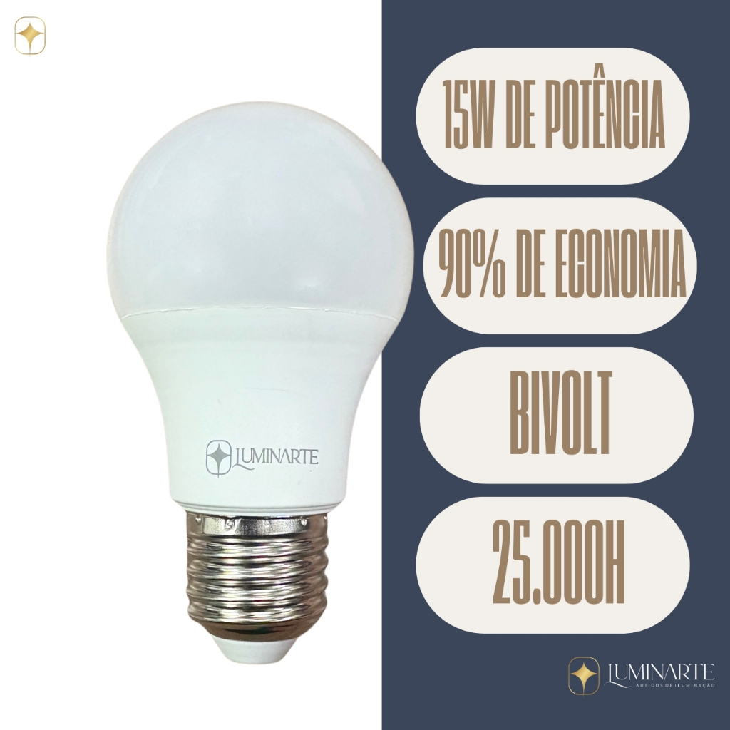 Kit 8 Lâmpadas Led 15W Bulbo 6500k Branco Frio(LUZ BRANCA) E27 Bivolt Inmetro Econômica - Luminarte