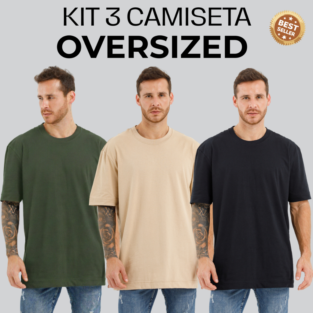 Kit 3 Camiseta Oversized Masculina / Feminina 100% Algodão 26.1 P M G GG Streetwear lisa Grossa em Oferta na Shopee