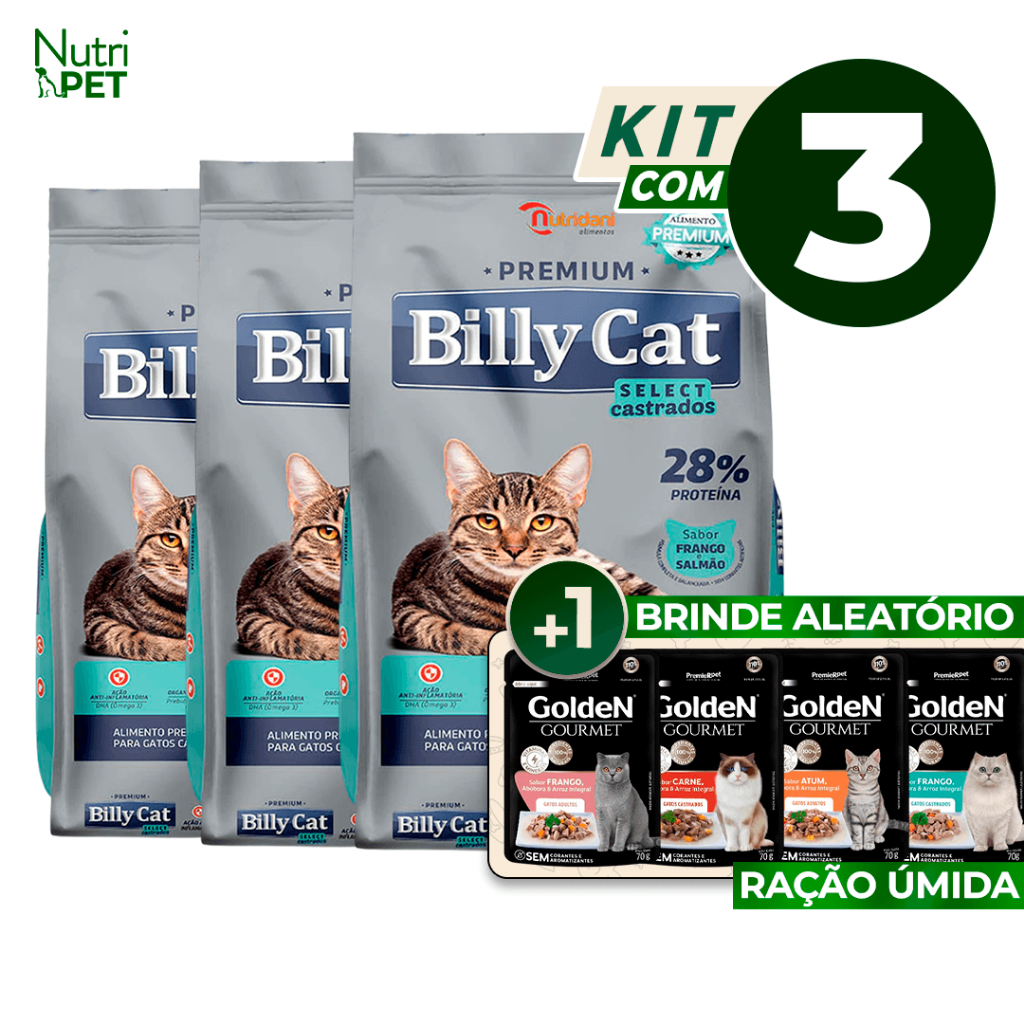 KIT 3 Ração Billy Cat Castrados Frango e Salmão 1kg em Oferta na Shopee