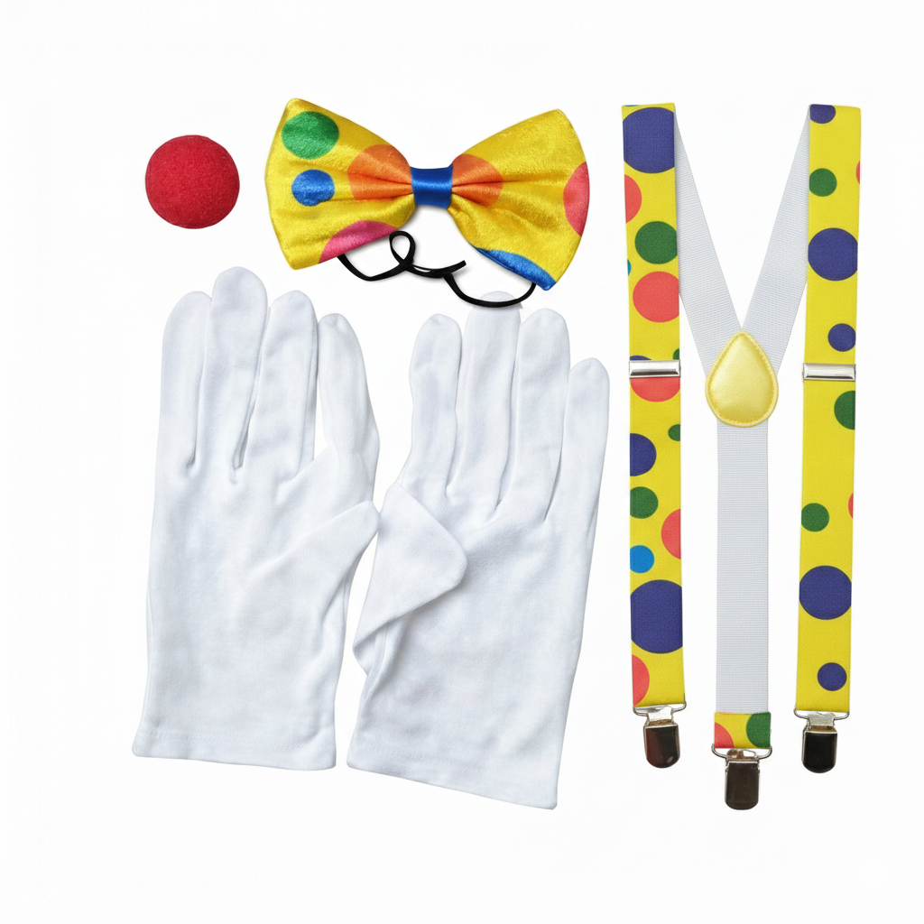 Kit Fantasia Palhaço Carnaval - Suspensório, Gravata, Nariz e Luvas - Adulto e Infantil
