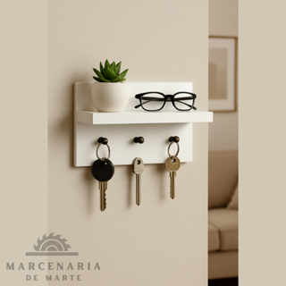 Porta Chave 3 Ganchos  Decorativo Com Prateleira Em MDF Branco em Oferta na Shopee