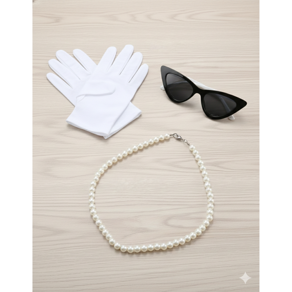 Conjunto Acessórios Femininos Anos 60: Óculos Vintage Preto e Branco + Colar Pérola + Luva Curta