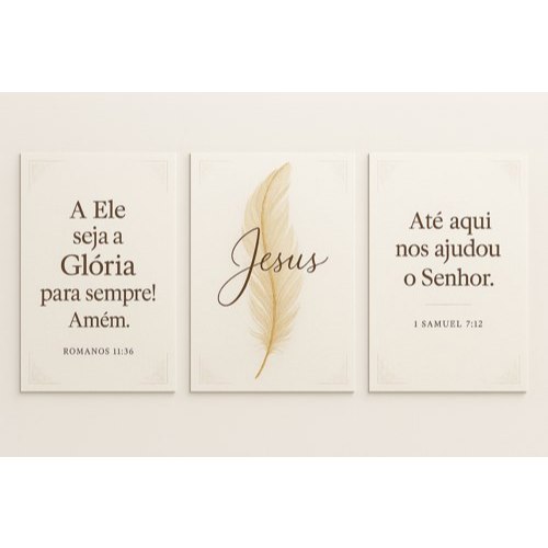Kit Quadros Decorativos 3 Peças Religioso Jesus Oração Versículo Bíblia Fé Romanos Samuel Deus Amor