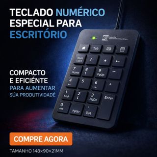 Teclado Numérico USB R8 com teclas, Home, Tab, Email e Calculadora Plug & Play Ultrafino Preto em Oferta na Shopee
