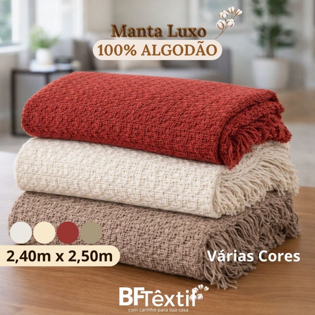 Manta Luxo Cruzada 2,40m x 2,50m 100% Algodão Várias Cores em Oferta na Shopee