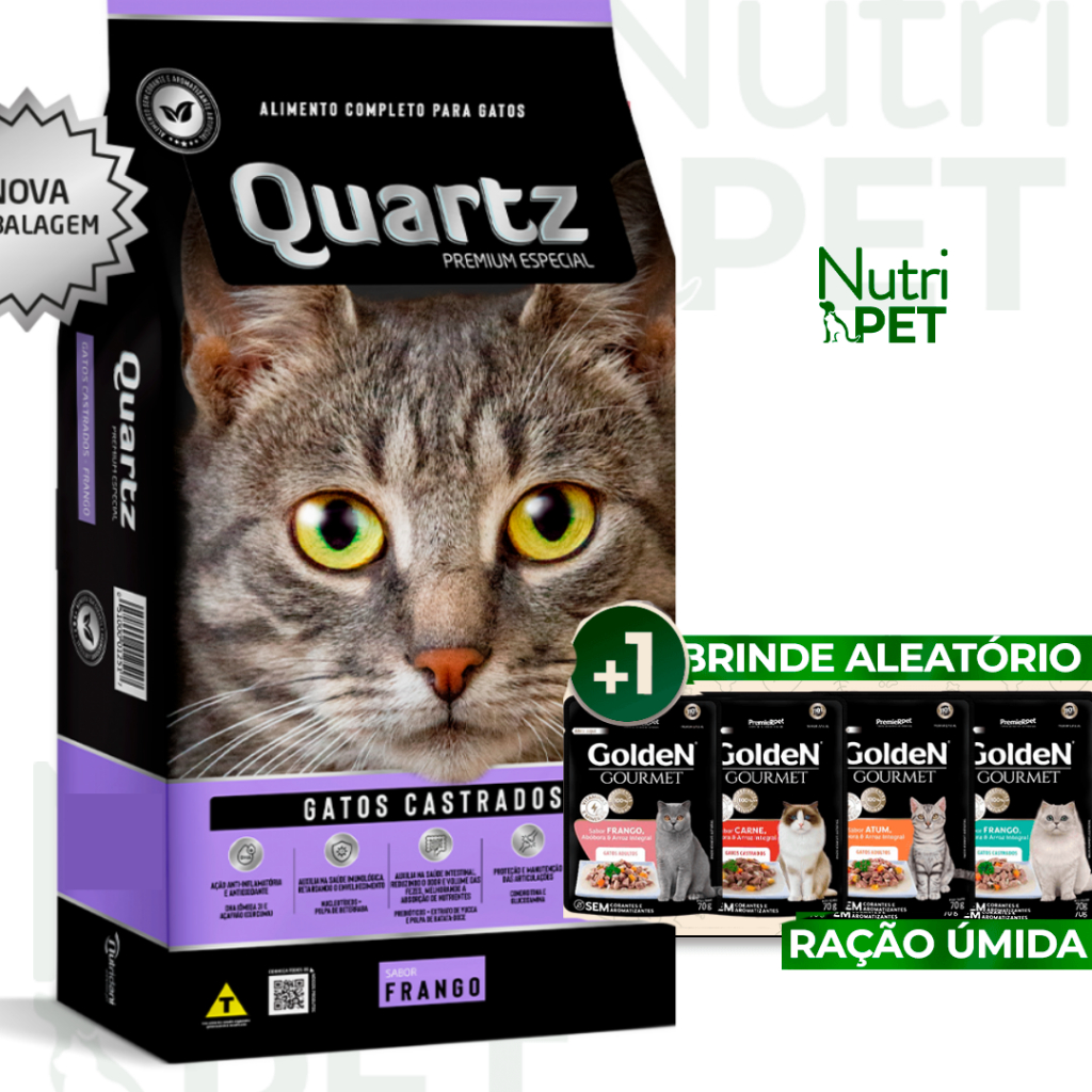 KIT 3Kg Ração Quartz Gatos Castrados Frango
