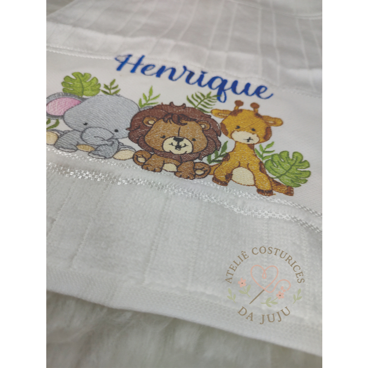 Toalhinha de boca Bordada Personalizada com nome Bebê Infantil Safari Dohler Enxoval e Presente Infantil
