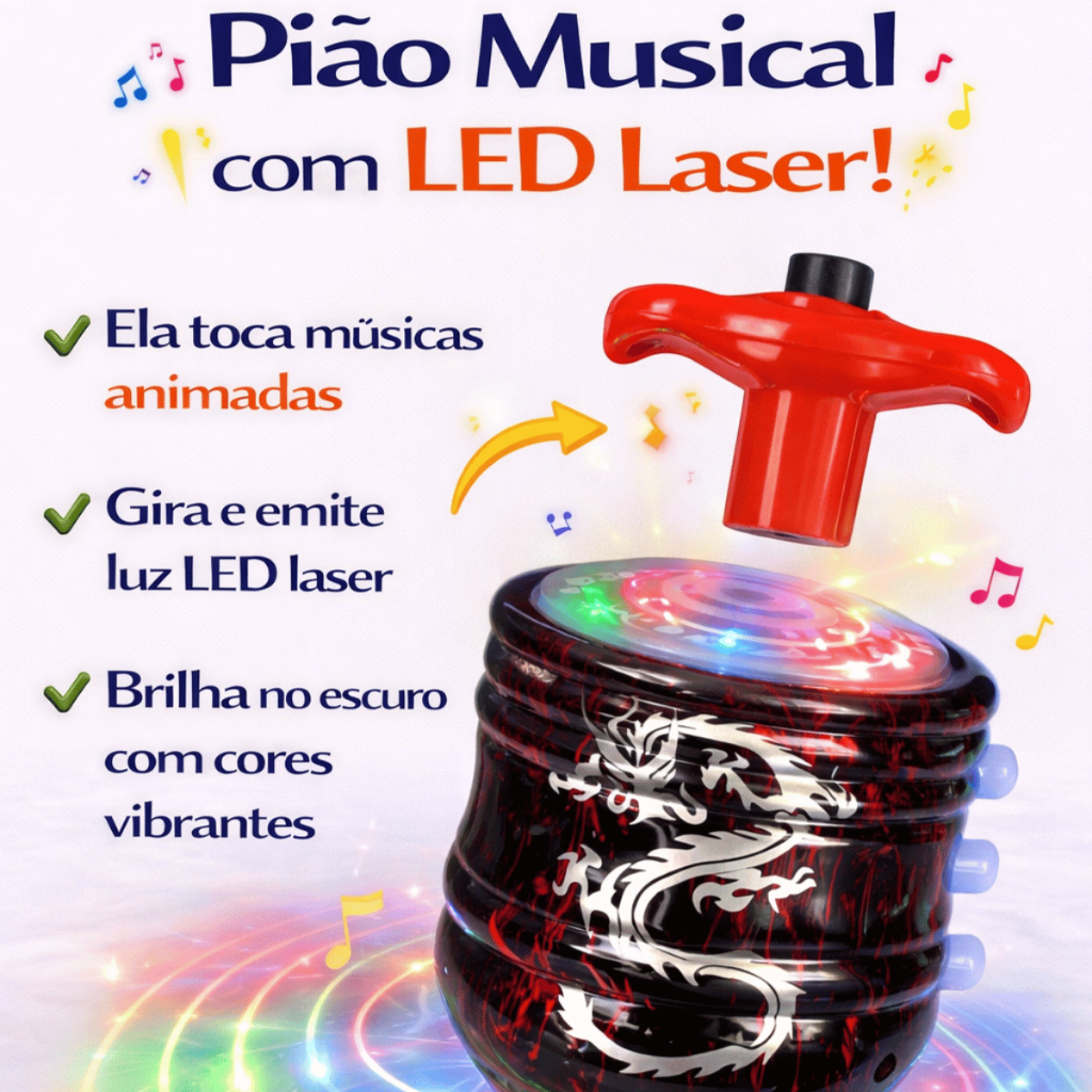 Pião Musical Luminoso Com Lançador Automatico Piao Com Luz e Som Laser Brinquedo Infantil