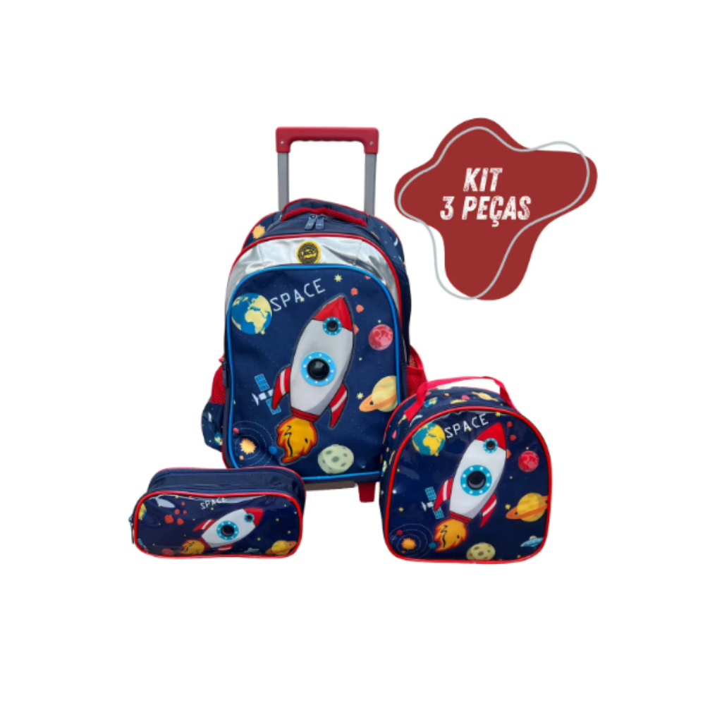 Kit Mochila Escolar Com Rodinhas Espaço Nave Espacial Estojo Borracha Apontador