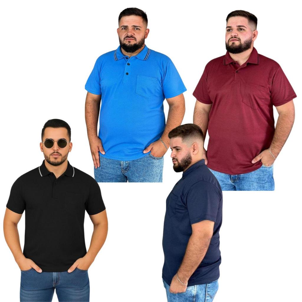 Kit 4 Camisa Camiseta Gola Polo Manga Curta Malha Pique Poliéster Com Bolso Masculino Plus Size Casual