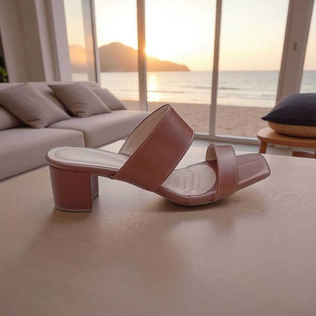 tamanco feminino salto bloco 5 cm com tiras confortavel e elegante. cor caramelo