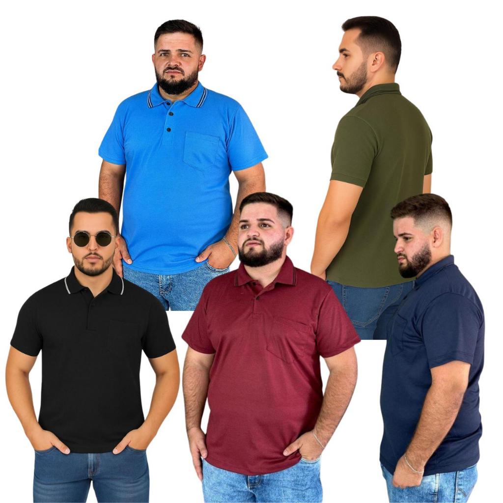 kit 5 Camiseta Camisa Gola Polo Pique Com Bolso Manga curta Malha Masculino Lisa Básica Casual.