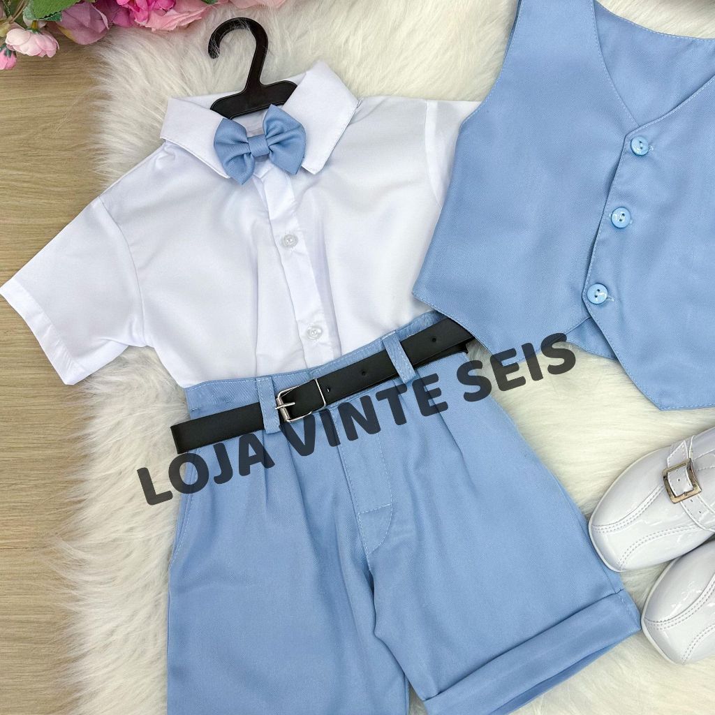 Conjunto Social Azul Bebê Infantil Menino Pajem Casamento Formatura Festa Aniversário Batizado