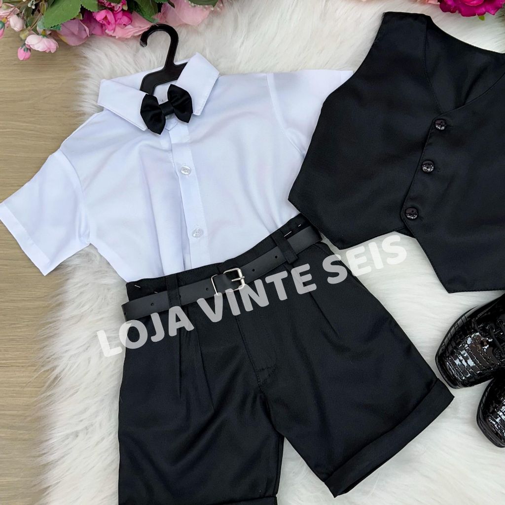 Conjunto Social Preto Infantil Menino Pajem Casamento Formatura Festa Aniversário Batizado 1 ao 12 anos