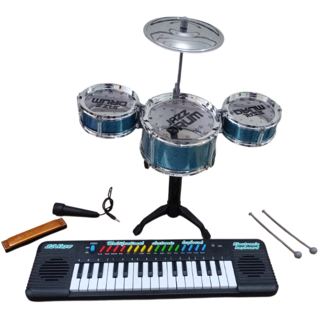 Kit Musical Teclado Preto Piano Com Microne + Mini Bateria Infantil + Gaita