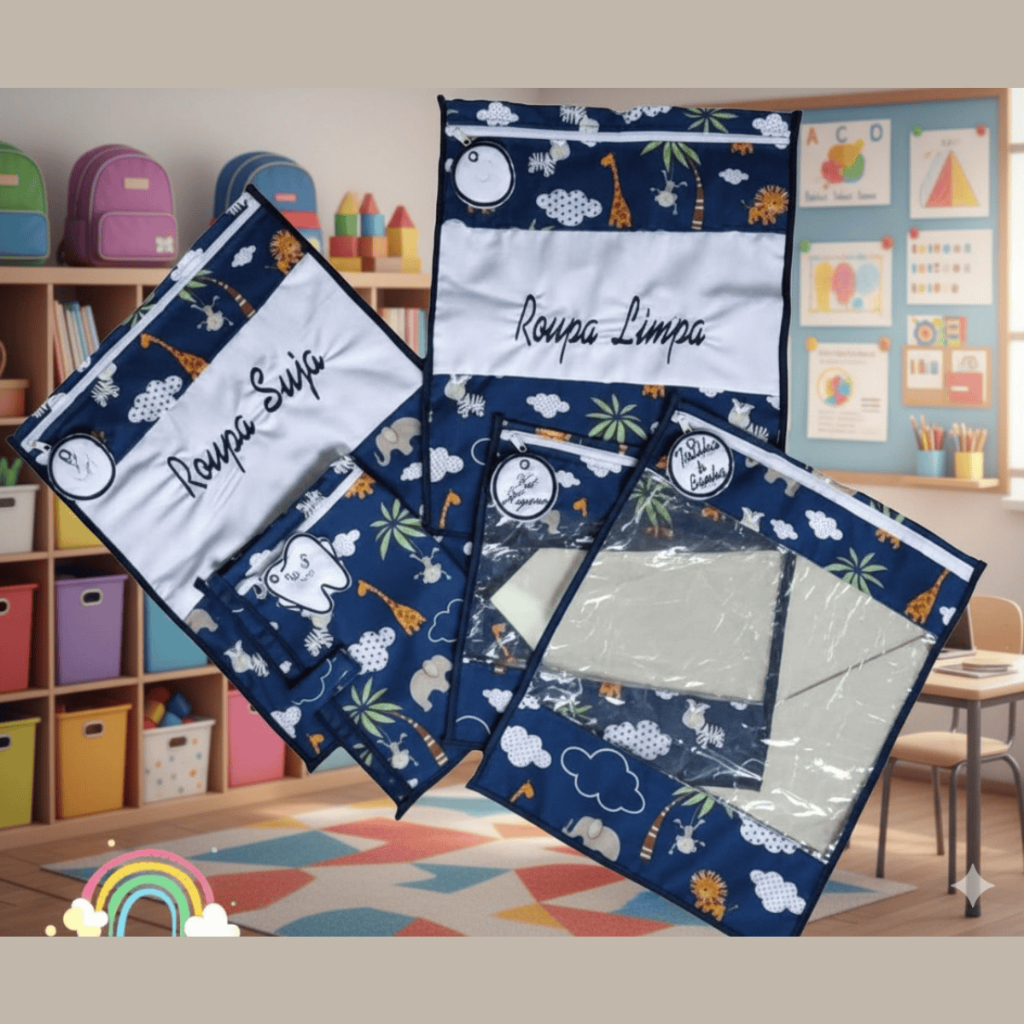 Kit com 5 Saquinhos Organizadores para Escola Creche Viajem em Plástico Cristal + Etiquetas Bordadas em Oferta na Shopee