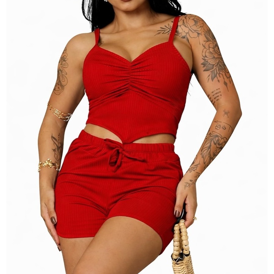 Conjunto Feminino Canelado Cropped e Short Cintura Alta Moda Verão Confortável em Oferta na Shopee