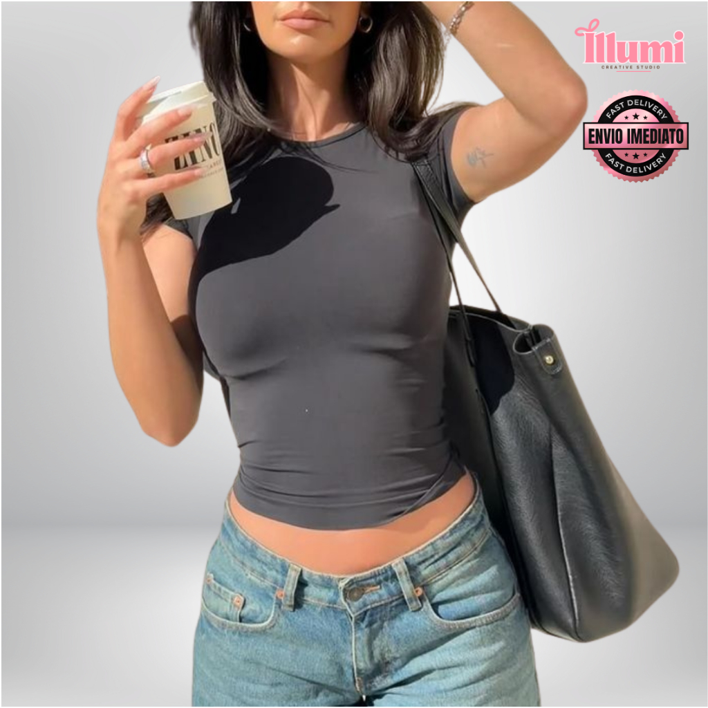 Baby Tee Feminina Slim Fit Baby Look Manga Curta Blusa Compressão Academia Casual em Oferta na Shopee