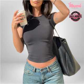Baby Tee Feminina Slim Fit Baby Look Manga Curta Blusa Compressão Academia Casual em Oferta na Shopee