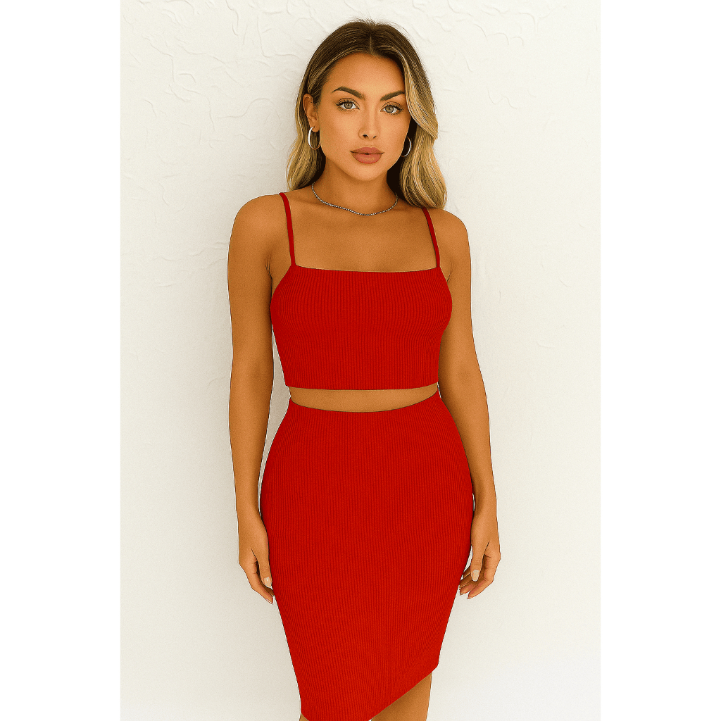 Cropped alcinha e Saia midi riabana canelada premium elasticidade e conforto
