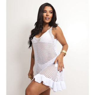 Vestido Saída Praia Tricot Curto Babado Saia rodada Furos Chique Elegante Alça fina Médio em Oferta na Shopee