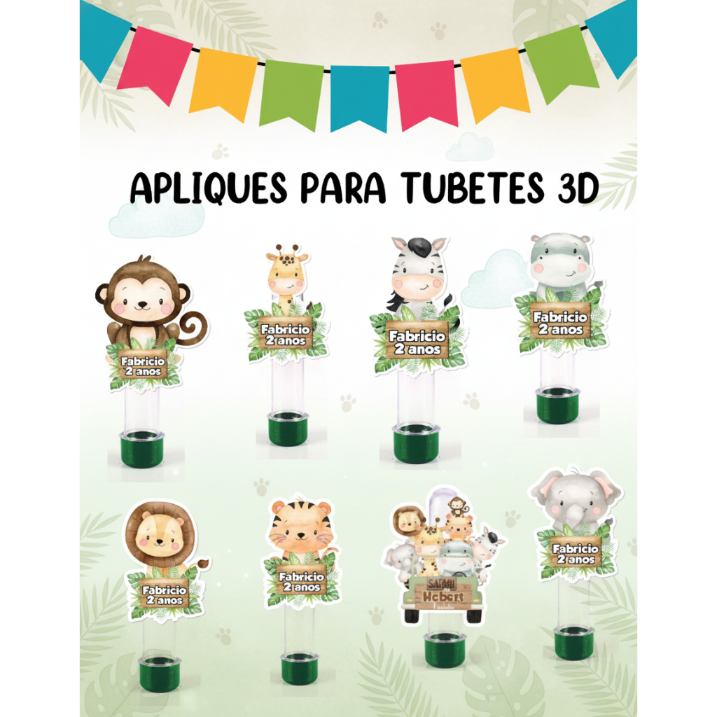 Apliques para Tubete SAFARI BABY 3D | Lembrancinhas de Aniversário | Festa Infantil | Decoração