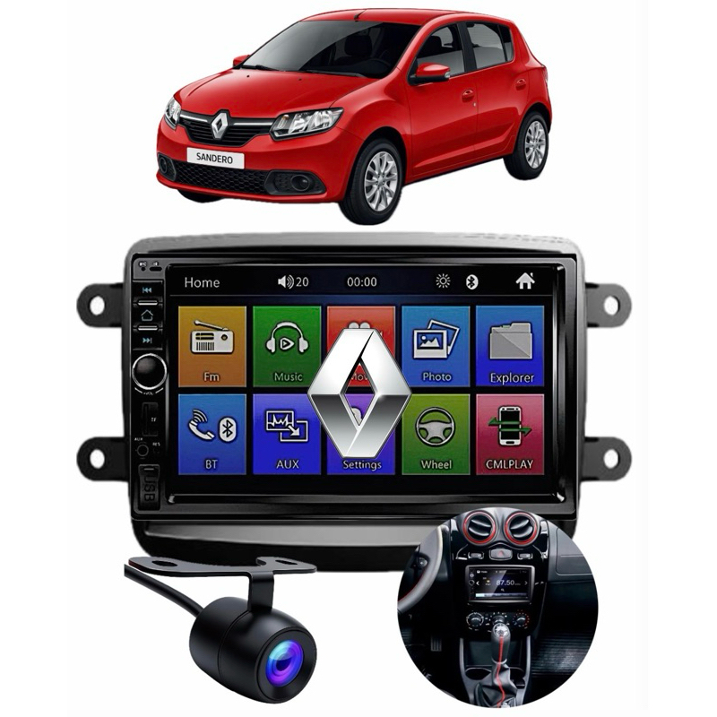 Kit Central Multimidia Renault Sandero 2012 até 2021 espelhamento Bluetooth Moldura Camera de re