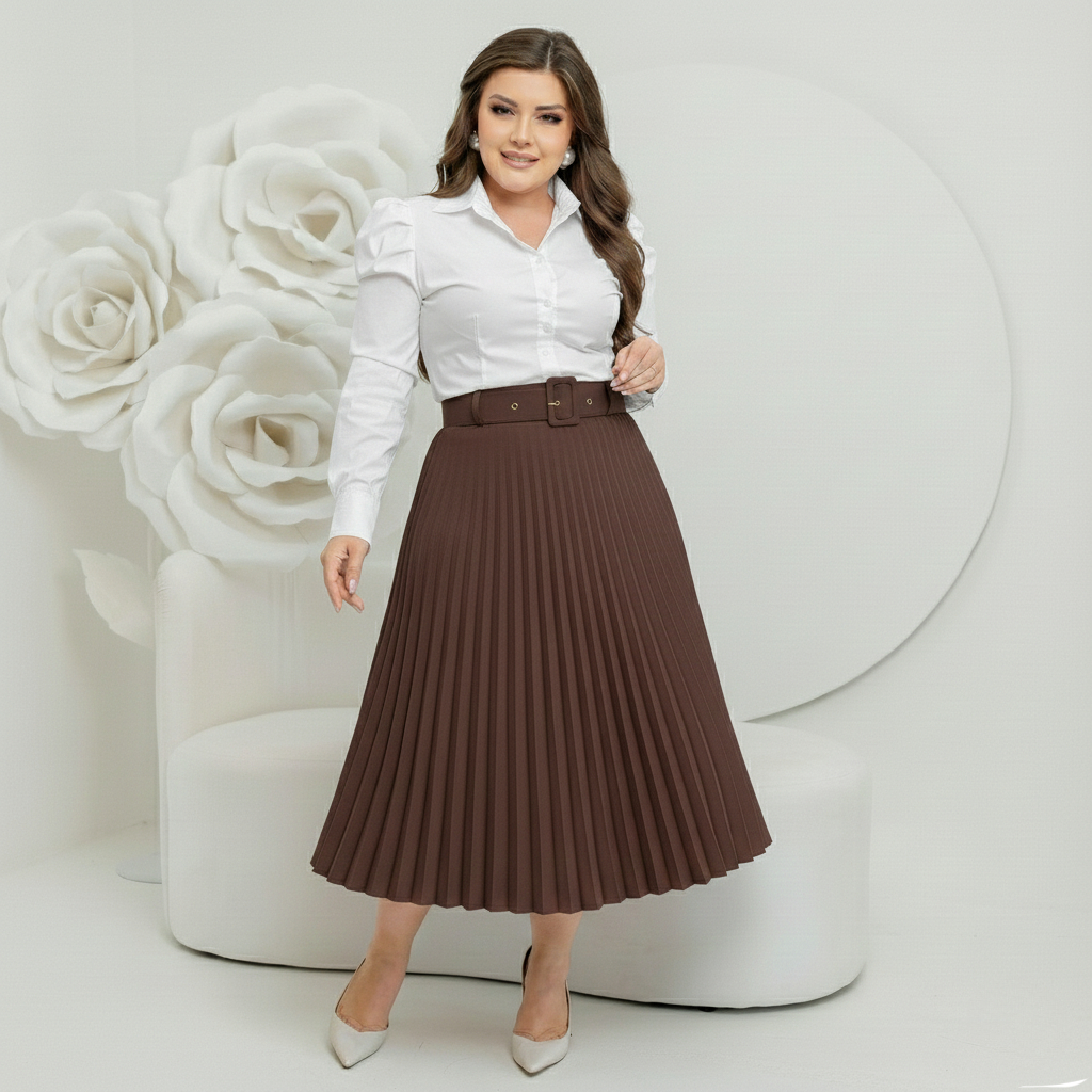 Saia Midi Plissado Com Cinto Forrada estilosa Tendencia moda evangelica em Oferta na Shopee