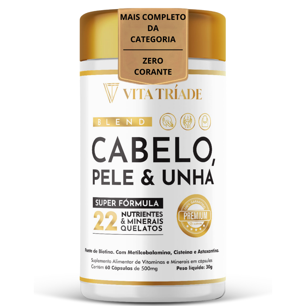 Vitamina para Cabelo Pele e Unha - Fórmula Avançada 22 Nutrientes com Biotina, Cisteína, b12 60 Cáps
