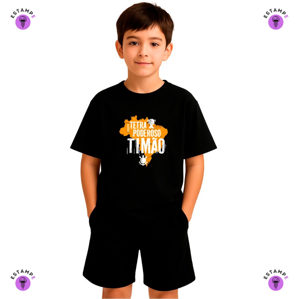 Kit Infantil 2 peças 1 Camiseta e 1 Bermuda Corinthians Tetra Campeão Copa Do Brasil Lançamento Infantil Unissex