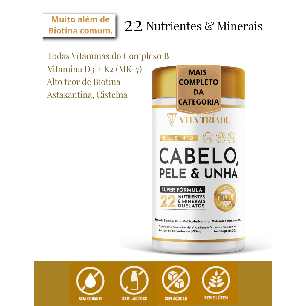 Vitamina Cabelo e Unha com Biotina Ácido Fólico b12 Cisteína Astaxantina - Super Formula 60 Cápsulas