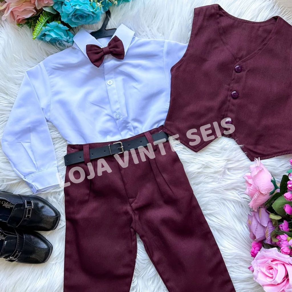 Conjunto Marsala Infantil Social Menino Casamento Pajem Formatura Batizado Festa Aniversário 1 ao 16 anos