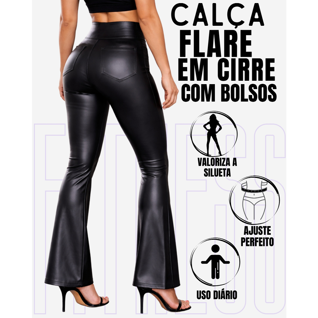 Calça Flare Bailarina Em Cirre Imita Couro Brilho Fosco Com Bolsos Elegante Casual WOLFOX em Oferta na Shopee