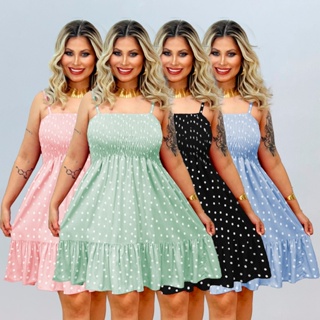 Vestido LASTEX Curto de Alcinha de Viscolinho com Babado Feminino com Estampa de Bolinhas Poá em Oferta na Shopee