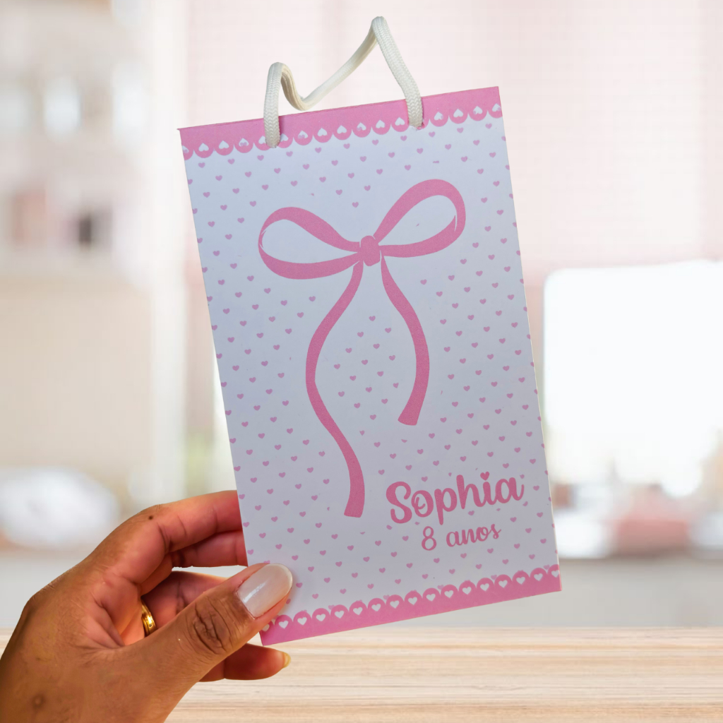 Sacolinha Surpresa Personalizada Laço Lacinho Rosa PEGUE E MONTE Sacola Lembrancinha de Aniversário