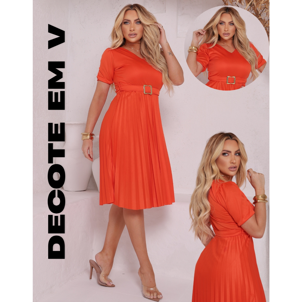 Vestido Feminino Plissado com Manga Bufante e Cinto Brinde Gola V  Look Sofisticado e Moderno em Oferta na Shopee