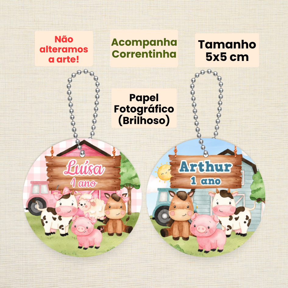 Tag 5CM com Correntinha Fazendinha | Personalizada com Nome e Idade para Lembrancinhas