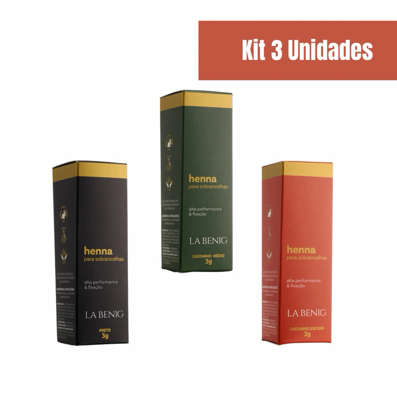 Kit 3 Henna para Sobrancelhas Lá Benig 2,5g – Alta Fixação, Cor Intensa e Resultado Natural
