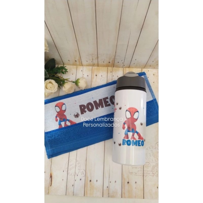 Kit Escolar Toalhinha Garrafa Homem Aranha com Nome