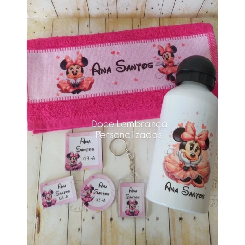 Kit Escolar Etiqueta, Toalhinha, Garrafa, Chaveiro Minnie Ro