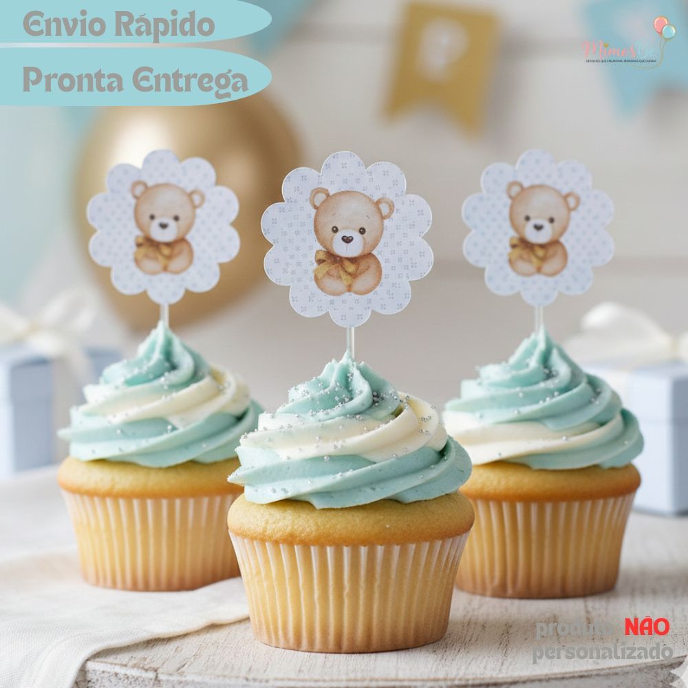 10 A 20 Toppers de cupcake CHA REVELAÇAO URSINHO DOURADO - Topo de doce para festa de aniversário afetiva