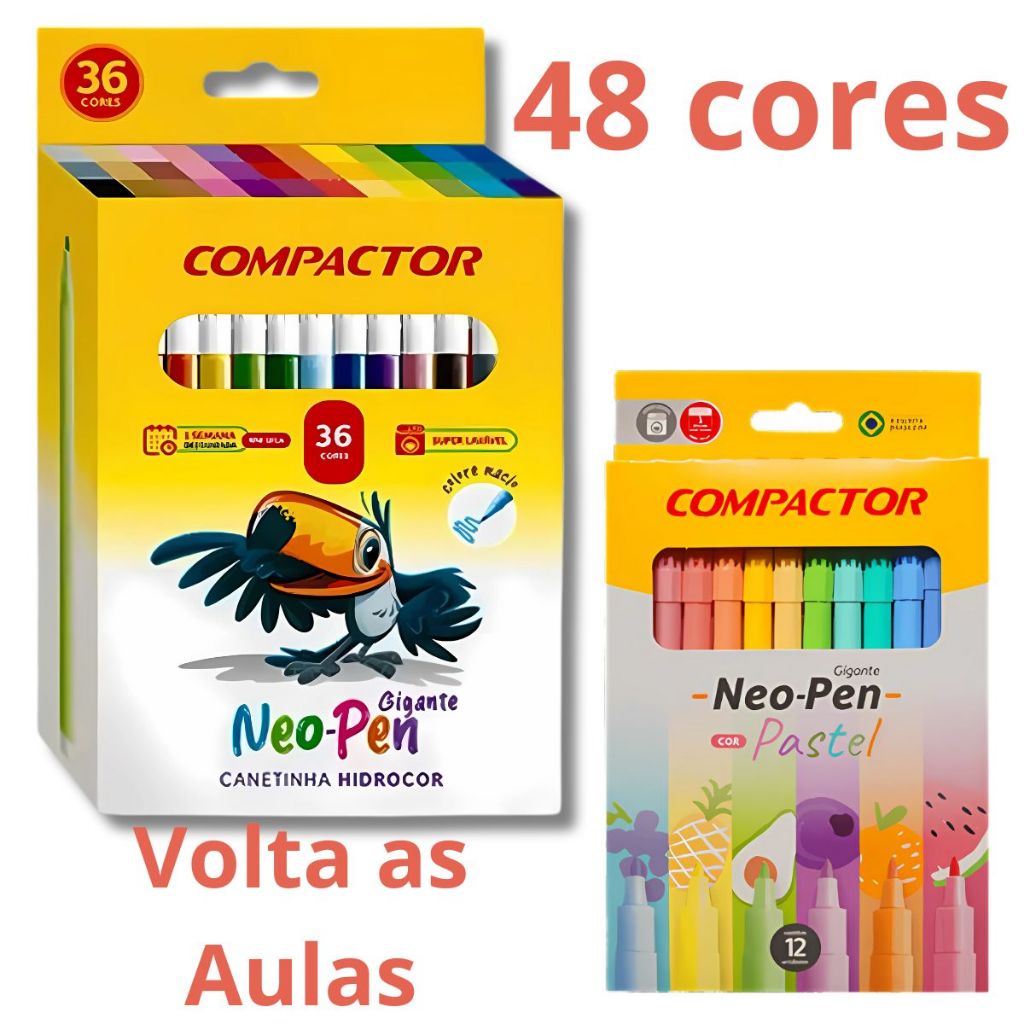 Kit 48 Canetas Hidrocor Original Compactor Neo Pen Gigante 36 cores + 12 Tom Pastel em Oferta na Shopee