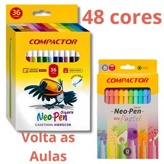Kit 48 Canetas Hidrocor Original Compactor Neo Pen Gigante 36 cores + 12 Tom Pastel em Oferta na Shopee