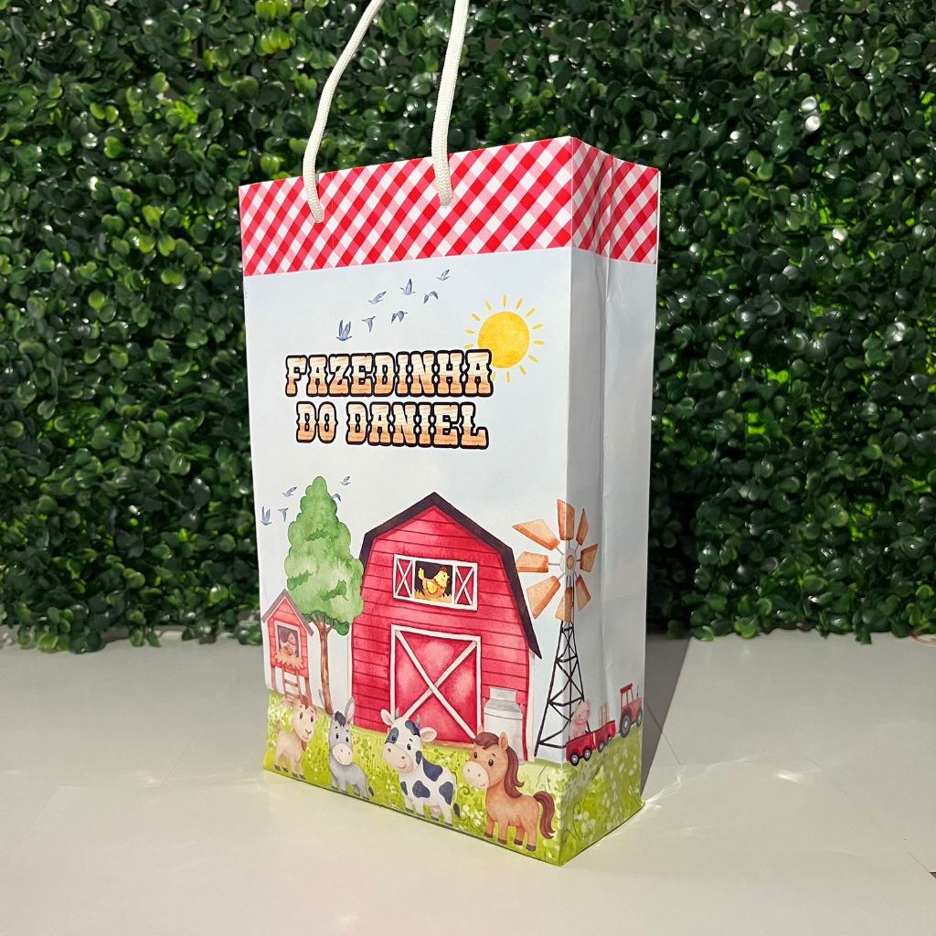 Sacolinha Personalizada Fazendinha Menino Vermelho Lembrancinha de Aniversário PEGUE E MONTE